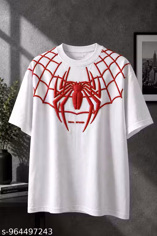 Heavy Spider Puff Print Oversized Downshoulder Tees