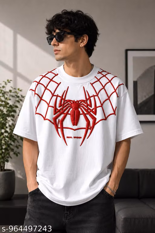Buy Heavy Spider Puff Print Oversized Downshoulder Tees tshirts online India