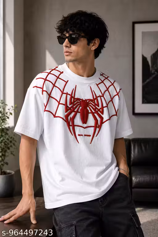 Buy Heavy Spider Puff Print Oversized Downshoulder Tees tshirts online India